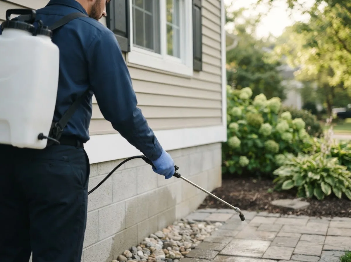Pest control technician inspecting a home in Farmington, NM